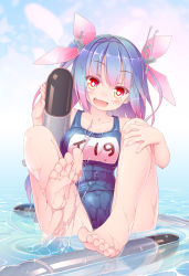 Rule 34 | 10s, 1girl, bad id, bad pixiv id, barefoot, blue hair, fang, feet, highres, i-19 (kancolle), kantai collection, kupuru (hirumamiyuu), long hair, one-piece swimsuit, personification, red eyes, school swimsuit, shiny clothes, soles, splashing, star-shaped pupils, star (symbol), swimsuit, symbol-shaped pupils, toes, torpedo, twintails, water, wet