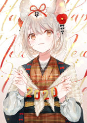 Rule 34 | 1girl, 2020, absurdres, animal ear fluff, animal ears, text background, blush, brown background, brown eyes, brown kimono, canarinu, chinese zodiac, closed mouth, commentary request, flower, gradient background, grey hair, hair between eyes, hair flower, hair ornament, hair ribbon, happy new year, highres, japanese clothes, kimono, long sleeves, mouse ears, nengajou, new year, open clothes, original, plaid, puffy long sleeves, puffy sleeves, red flower, red ribbon, ribbon, shawl, short hair, smile, solo, upper body, white background, year of the rat