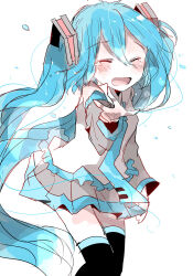 Rule 34 | 1girl, black thighhighs, blue hair, blue necktie, blush, closed eyes, collared shirt, commentary, crying, detached sleeves, grey skirt, grey sleeves, hair between eyes, hair ornament, hatsune miku, highres, long hair, long sleeves, necktie, open mouth, outstretched arm, pleated skirt, shirt, simple background, skirt, sleeveless, sleeveless shirt, solo, tears, thighhighs, tie clip, twintails, very long hair, vocaloid, w, white background, white shirt, xxxx saki