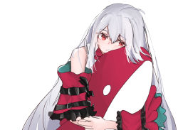 Rule 34 | 1girl, ahoge, arknights, bare shoulders, chinese commentary, commentary, detached sleeves, hugging doll, dress, linchuanzelaip, long hair, no headwear, hugging object, official alternate costume, pout, red dress, red eyes, silver hair, simple background, skadi (arknights), skadi the corrupting heart (arknights), sleeveless, sleeveless dress, solo, stuffed orca, upper body, very long hair, white background