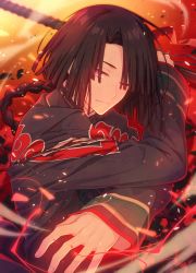 Rule 34 | 1boy, ;|, black hair, braid, changpao, chinese clothes, closed mouth, commentary request, curtained hair, fate/grand order, fate (series), high collar, holding, holding weapon, light smile, long hair, long sleeves, looking at viewer, male focus, one eye closed, purple eyes, smile, solo, tai gong wang (fate), upper body, weapon, yuuki10614