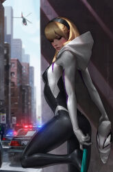 Rule 34 | 1girl, absurdres, aircraft, blonde hair, building, car, cityscape, gwen stacy, helicopter, highres, jee-hyung lee, marvel, mask, motor vehicle, outdoors, police car, sky, spider-gwen, spider-man (series), unworn mask