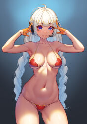 Rule 34 | 1girl, absurdres, ahoge, armpits, bikini, blue eyes, blush, braid, breasts, commentary request, gloves, gluteal fold, half gloves, hands up, headset, highres, kizuna akari, long hair, looking at viewer, medium breasts, navel, nicchi, orange gloves, red bikini, smile, solo, stomach, swimsuit, twin braids, very long hair, vocaloid, voiceroid, white hair