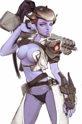 Rule 34 | 1girl, absurdres, bad id, bad pixiv id, black hair, breasts, colored skin, gun, highres, huan tuo, lips, long hair, medium breasts, overwatch, overwatch 1, ponytail, purple skin, rifle, simple background, sniper rifle, solo, weapon, widowmaker (overwatch), yellow eyes