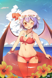 Rule 34 | 1girl, ;d, alternate costume, bare shoulders, bat wings, bikini, blush, breasts, cloud, collarbone, day, fang, flower, frilled bikini, frills, front-tie bikini top, front-tie top, gluteal fold, groin, hat, hat ribbon, hibiscus, highres, innertube, jewelry, looking at viewer, mob cap, moyashi baasuto, navel, necklace, ocean, one eye closed, open mouth, outdoors, pendant, purple hair, red bikini, red eyes, remilia scarlet, ribbon, short hair, side-tie bikini bottom, sky, small breasts, smile, solo, swim ring, swimsuit, thigh gap, touhou, wings, wrist cuffs
