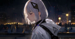 Rule 34 | 1girl, absurdres, black shirt, blunt bangs, cevio, cityscape, closed mouth, commentary, crowd, crying, crying with eyes open, fanny pack, hair ornament, hairclip, high collar, highres, hood, hood down, hooded jacket, jacket, kafu (cevio), medium hair, multicolored eyes, natsu kumo719, night, night sky, outdoors, pink eyes, purple eyes, rain, shirt, sky, solo focus, straight hair, streaming tears, tears, upper body, white hair, white jacket