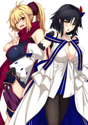 Rule 34 | 2girls, ahoge, alternate hairstyle, archetype earth, arcueid brunestud, black hair, blonde hair, breasts, cleavage, cosplay, costume switch, dress, fate/grand order, fate (series), hairstyle switch, highres, katou danzou (fate), large breasts, multiple girls, one eye closed, ponytail, red eyes, scarf, sebire, v, white background, white dress, yellow eyes