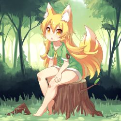 Rule 34 | 1girl, animal ears, artist name, bare legs, barefoot, blonde hair, blueberry (5959), bottomless, buttons, dress, fox ears, fox tail, grass, large buttons, legs, long hair, looking at viewer, nature, open mouth, original, sitting, solo, sweater, sweater dress, tail, tree, tree stump, yellow eyes, zipper