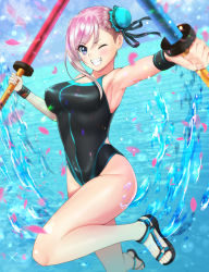 Rule 34 | 1girl, black one-piece swimsuit, blue eyes, blurry, bun cover, collarbone, commentary request, competition swimsuit, depth of field, dual wielding, fate/grand order, fate (series), full body, grin, hair bun, hair ornament, highres, hinata minami, holding, looking at viewer, miyamoto musashi (fate), miyamoto musashi (swimsuit berserker) (first ascension) (fate), one-piece swimsuit, pink hair, sandals, side ponytail, single hair bun, smile, solo, swimsuit, sword, water, weapon