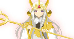 Rule 34 | 1girl, blush, commentary request, cone hair bun, crown, gem, hair bun, heterochromia, holding, holding staff, long hair, long sleeves, looking at viewer, mitya, open mouth, pope (ragnarok online), purple eyes, ragnarok online, red eyes, solo, staff, upper body, white background, white hair, wide sleeves
