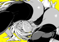 Rule 34 | 1girl, :d, animal ears, ass, boku no hero academia, breasts, dark-skinned female, dark skin, greyscale, greyscale with colored background, heattech leotard, leotard, long hair, looking at viewer, mirko, monochrome, open mouth, rabbit ears, rabbit girl, rabbit tail, simple background, smile, solo, spread legs, tail, takatsuki ichi, teeth, thighhighs, turtleneck, very long hair, yellow background