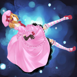 Rule 34 | 1girl, blonde hair, bow, elbow gloves, frills, gloves, hair bow, hair ribbon, hand on own hip, hat, hip focus, hisato, hisato ar, jewelry, lambdadelta, mary janes, necklace, pink hat, red eyes, ribbon, shoes, smile, solo, striped clothes, striped legwear, striped thighhighs, thighhighs, umineko no naku koro ni