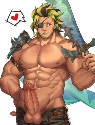 Rule 34 | 1boy, abs, alternate hairstyle, armor, bara, beard, black pants, dark-skinned male, dark skin, erection, eyepatch, facial hair, green hair, groin, highres, large pectorals, leon (world flipper), male focus, mature male, mint, multicolored hair, muscular, muscular male, navel, nipples, no male underwear, open fly, over shoulder, pants, pauldrons, pectorals, penis, precum, red eyes, short hair, shoulder armor, single pauldron, smile, solo, stomach, sword, sword over shoulder, tekkowang, topless male, two-tone hair, uncensored, veins, veiny penis, weapon, weapon over shoulder, world flipper