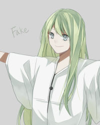 Rule 34 | 1boy, bad id, bad pixiv id, enkidu (fate), fate/strange fake, fate (series), green hair, grey background, grey eyes, long hair, male focus, mmm ss, outstretched arms, robe, solo