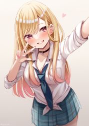 Rule 34 | 1girl, blonde hair, blue necktie, blue skirt, blush, breasts, brown background, cleavage, collarbone, collared shirt, commentary request, ear piercing, earrings, front-tie top, gradient background, grey background, grin, head tilt, jewelry, kitagawa marin, long hair, long sleeves, medium breasts, nail polish, necktie, piercing, pink nails, pleated skirt, reaching, reaching towards viewer, red eyes, sakura hiyori, selfie, shirt, skirt, smile, solo, sono bisque doll wa koi wo suru, very long hair, white shirt