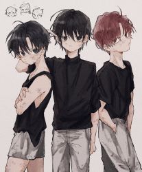 Rule 34 | 3boys, adjusting hair, aged down, ahoge, bare shoulders, black eyes, black hair, black shirt, chibi, chibi inset, child, chrollo lucilfer, closed mouth, cowboy shot, crossed arms, dirty, dirty clothes, dirty face, frown, hand in pocket, hand up, highres, hisoka morow, hunter x hunter, illumi zoldyck, jitome, looking at viewer, looking to the side, male focus, multiple boys, necomu, pants, red hair, shirt, short sleeves, shorts, simple background, sleeveless, t-shirt, tank top, turtleneck, white pants, white shorts