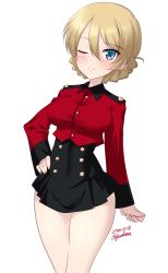 Rule 34 | 1girl, artist name, black skirt, blonde hair, blue eyes, blush, braid, breasts, closed mouth, darjeeling (girls und panzer), dated, french braid, girls und panzer, hair between eyes, hand on own hip, highres, kuzuryuu kennosuke, large breasts, looking at viewer, microskirt, military, military uniform, one eye closed, simple background, skirt, smile, solo, st. gloriana&#039;s military uniform, standing, thighs, uniform, white background