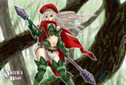 Rule 34 | 1girl, alleyne (queen&#039;s blade), alleyne (queen's blade), beret, blonde hair, blue eyes, blush, boots, braid, breasts, cape, cleavage, copyright name, elbow gloves, elf, fighting master alleyne, forest, gloves, green footwear, hat, kuimono, large breasts, long hair, midriff, mikemono yuu, nature, pointy ears, polearm, queen&#039;s blade, side braid, skirt, solo, staff, thigh boots, thighhighs, tree, weapon