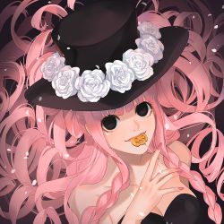 Rule 34 | 1girl, bare shoulders, black eyes, black hat, blunt bangs, breasts, candy, cleavage, curly hair, flower, food, hat, hat flower, holding, holding candy, holding food, holding lollipop, large breasts, lollipop, long hair, nail polish, one piece, perona, pink hair, pink nails, rami rz, smile, solo, white flower