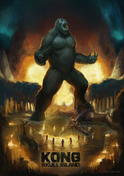 Rule 34 | aircraft, ape, aurora, aurora australis, bell helicopter, fangs, fire, forest, giant, giant monster, gorilla, helicopter, highres, kaijuu, king kong, king kong (series), kong: skull island, larry quach, monster, monsterverse, movie poster, muscular, muscular male, nature, night, parody, roaring, see-through body, skullcrawler, style parody, tongue, tongue out, translucent, tree, uh-1 iroquois, utility helicopter, water