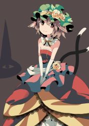 Rule 34 | 1girl, :3, alternate costume, animal ears, aoi kujira, bad id, bad twitter id, bright pupils, brown hair, cat ears, cat tail, chen, dress, elbow gloves, flower, gloves, hairband, hat, hat flower, looking at viewer, multiple tails, short hair, smile, solo, tail, touhou, white pupils