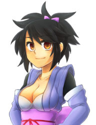 Rule 34 | 00s, 1girl, black hair, breasts, brown eyes, cleavage, collarbone, fujibayashi sheena, large breasts, long hair, looking at viewer, lowres, ponytail, senpukuchuu, short hair, simple background, smile, solo, tales of (series), tales of symphonia, white background