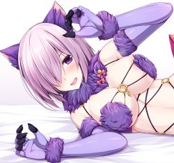 Rule 34 | 1girl, animal ears, areola slip, bare shoulders, bra, breasts, claws, elbow gloves, fang, fate/grand order, fate (series), fur-trimmed gloves, fur trim, gloves, hair over one eye, halloween costume, highres, large breasts, looking at viewer, lying, mash kyrielight, mash kyrielight (dangerous beast), o-ring, official alternate costume, on bed, on side, open mouth, palms, pink hair, purple bra, purple eyes, purple gloves, ruton-niki, scarf, shadow, short hair, solo, underwear, upper body, white background, wolf ears