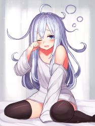 Rule 34 | 1girl, bed, black thighhighs, blue eyes, blush, hibiki (kancolle), highres, kantai collection, long hair, long sleeves, messy hair, off shoulder, on bed, one eye closed, open mouth, reitou mikan, rubbing eyes, shirt, sidelocks, silver hair, sitting, solo, tears, thighhighs, waking up, white shirt