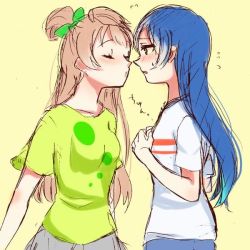 Rule 34 | &gt;:d, 10s, 2015, 2girls, :d, blouse, blue eyes, blush, grabbing another&#039;s breast, breasts, brown hair, english text, engrish text, flustered, grabbing, hair between eyes, imminent kiss, long hair, looking at another, looking at viewer, love live!, love live! school idol festival, love live! school idol project, minami kotori, multiple girls, neck ribbon, one eye closed, open mouth, orange hair, pleated skirt, ranguage, ribbon, school uniform, shirt, short hair, side ponytail, skirt, smile, sonoda umi, sweatdrop, v-shaped eyebrows, wavy mouth, white shirt, yellow eyes, yuri