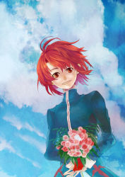 Rule 34 | 1boy, bad id, bad pixiv id, birthday, bouquet, breakblack, cloud, day, flower, highres, leaf, male focus, mao (tales), outdoors, plant, red eyes, red hair, shirt, sky, smile, solo, tales of (series), tales of rebirth