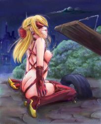 Rule 34 | 1girl, bdsm, bit gag, blindfold, blonde hair, blush, bondage, boots, bound, breasts, city lights, cloud, drooling, full body, gag, gloves, harness, high heel boots, high heels, jason (kaiten kussaku kikou), long hair, night, night sky, nipple leash, nipple piercing, nipple pull, nipple stimulation, nipples, no.38, outdoors, park, piercing, playground, red footwear, red gloves, seesaw, sky, small breasts, solo, tagme, thigh boots, thighhighs, torture
