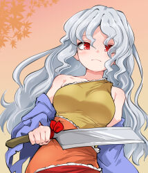 1girl autumn_leaves bare_shoulders blue_sleeves breasts closed_mouth detached_sleeves dress grey_hair highres holding holding_knife huyusilver knife leaf long_hair looking_at_viewer medium_breasts multicolored_clothes multicolored_dress orange_background orange_dress red_dress red_eyes sakata_nemuno single_strap solo touhou upper_body wavy_hair yellow_dress