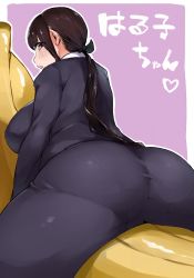 Rule 34 | 1girl, ass, banana, blush, borrowed character, breasts, brown eyes, brown hair, butsu menhou, food, formal, fruit, huge ass, large breasts, long hair, looking at viewer, looking back, original, pant suit, pants, pantylines, plump, ponytail, solo, spread legs, suit, thick thighs, thighs, translation request, wakana haruko, what