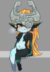 Rule 34 | 1girl, bare shoulders, basukechi, blush, breasts, closed mouth, colored sclera, colored skin, fang, full body, grey background, helmet, long hair, midna, multicolored skin, navel, nintendo, one eye covered, orange hair, pointy ears, red eyes, shortstack, simple background, sitting, small breasts, smile, solo, steam, the legend of zelda, the legend of zelda: twilight princess, thick thighs, thighs, two-tone skin, yellow sclera