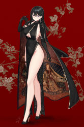 Rule 34 | 1girl, bare legs, black dress, black footwear, black gloves, black hair, blush, breasts, china dress, chinese clothes, cleavage cutout, clothing cutout, coat, dress, earrings, elbow gloves, floral background, full body, gloves, groin, hayabusa, high heels, highres, jewelry, large breasts, long hair, looking at viewer, mole, mole on breast, mole under eye, mole under mouth, original, pelvic curtain, purple eyes, red background, sleeveless, solo, standing, thighs