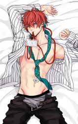 Rule 34 | 1boy, arm up, bad id, bad pixiv id, blue eyes, boxer briefs, closed mouth, edging briefs, green necktie, highres, hypnosis mic, kannonzaka doppo, lanyard, looking at viewer, male focus, male underwear, mouth hold, name tag, necktie, nipples, open clothes, open shirt, pinstripe pattern, red hair, sahara (hakuro ks), solo, striped, underwear