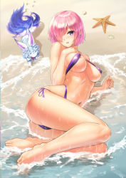 Rule 34 | 1girl, :o, areola slip, arm support, ass, bare arms, bare legs, bare shoulders, barefoot, beach, blush, breasts, ccjn, covered erect nipples, creature, day, fate/grand order, fate (series), fou (fate), full body, hair over one eye, hand on own chest, large breasts, legs together, looking at viewer, lying, mash kyrielight, navel, ocean, on ground, on side, one-piece swimsuit, open mouth, outdoors, pink hair, purple eyes, purple one-piece swimsuit, purple slingshot swimsuit, sand, seashell, shell, short hair, side-tie swimsuit, slingshot swimsuit, starfish, stomach, swimsuit, thighs, water, wet