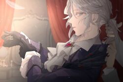 Rule 34 | 2boys, adjusting clothes, adjusting gloves, ascot, black gloves, blue eyes, collared shirt, colored eyelashes, curtains, falling feathers, feathers, frederick kreiburg, frilled sleeves, frills, from side, gloves, grey hair, holding another&#039;s hair, identity v, indoors, inomichi nao, jacket, lens flare, light particles, long hair, long sleeves, looking at another, low ponytail, male focus, multiple boys, orpheus (identity v), out of frame, parted bangs, parted lips, patterned clothing, profile, purple jacket, shirt, sideways glance, sleeve cuffs, solo focus, upper body, white ascot, white jacket, white shirt, yaoi