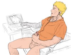 Rule 34 | 1boy, aizenhower, blonde hair, blue eyes, body hair, bottomless, computer, erection, hairy legs, male focus, masturbation, naruto, naruto (series), penis, simple background, sitting, solo, spiked hair, testicles, uzumaki naruto, whiskers