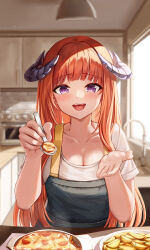 Rule 34 | 1girl, :d, absurdres, alternate costume, arknights, bagpipe (arknights), blunt bangs, blush, commentary, gongbangmanchi (daisy cutter), hands up, highres, holding, holding spoon, horns, indoors, long hair, looking at viewer, open mouth, orange hair, purple eyes, revision, shirt, short sleeves, smile, solo, spoon, upper body, very long hair, white shirt