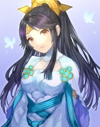 Rule 34 | 1girl, black hair, brown eyes, bug, butterfly, closed mouth, dress, fire emblem, fire emblem fates, fire emblem heroes, gradient background, hair ornament, insect, jurge, long hair, mikoto (fire emblem), mole, nintendo, ponytail, simple background, smile, solo, upper body, white dress