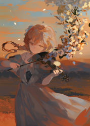 Rule 34 | 1girl, alternate costume, alternate eye color, alternate hair color, arms up, bare shoulders, blue sky, brown hair, closed mouth, cloud, cloudy sky, commentary request, dress, flower, genshin impact, grass, grey dress, grey flower, hair between eyes, hair flower, hair ornament, hands up, highres, holding, holding instrument, holding violin, hyatsu, instrument, leaf, light brown hair, long hair, looking to the side, lumine (genshin impact), mountain, music, off-shoulder dress, off shoulder, orange eyes, orange sky, orange theme, outdoors, petals, playing instrument, ponytail, short sleeves, sky, solo, standing, sunset, teeth, violin, white flower
