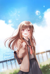 Rule 34 | 1girl, 723/nanahumi, :d, bad id, bad pixiv id, black sailor collar, black skirt, blue sky, blurry, blurry background, briefcase, brown cardigan, brown eyes, brown hair, cardigan, cloud, cloudy sky, commentary request, day, depth of field, fence, flower, grey shirt, hair between eyes, hair flower, hair ornament, hand up, long hair, long sleeves, looking at viewer, open cardigan, open clothes, open mouth, original, outdoors, pleated skirt, puffy long sleeves, puffy sleeves, red neckwear, sailor collar, school briefcase, shirt, skirt, sky, smile, solo, white flower