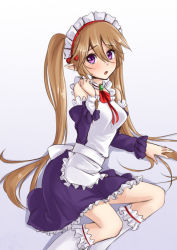 Rule 34 | 10s, 1girl, apron, blush, brown hair, dress, elf, female focus, frilled dress, frills, long hair, looking at viewer, maid, maid apron, maid headdress, myucel foalan, open mouth, outbreak company, pointy ears, purple eyes, silent sakia, socks, solo, tears, twintails