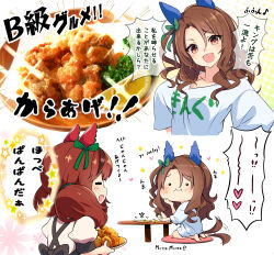 Rule 34 | 2girls, absurdres, animal ears, bow, brown hair, chicken (food), desk, ear bow, ear covers, eating, fang, food, fried chicken, fruit, hair between eyes, happy, highres, holding, holding plate, horse ears, horse girl, horse tail, king halo (umamusume), lemon, low twintails, multiple girls, neko senshi, nice nature (umamusume), plate, red eyes, shirt, skill, skin fang, smile, tail, twintails, umamusume, upper body, white shirt