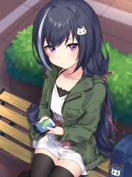 Rule 34 | 1girl, backpack, bag, bench, black hair, black thighhighs, blurry, blurry background, blush, cat hair ornament, cellphone, closed mouth, clothes writing, collarbone, commentary request, day, depth of field, drawstring, english text, green jacket, grey hair, hair ornament, hair ribbon, hairclip, highres, holding, holding phone, jacket, karyl (princess connect!), karyl (real) (princess connect!), ken pyatsu, long hair, long sleeves, looking at viewer, multicolored hair, on bench, open clothes, open jacket, outdoors, phone, princess connect!, purple eyes, red ribbon, ribbon, shirt, sitting, solo, streaked hair, thighhighs, very long hair, white shirt