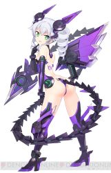 Rule 34 | 10s, 1girl, absurdres, arched back, armor, ass, back, black sister, black sister (chaos form), black sister (chaos transformation), bodysuit, breasts, dark persona, drill hair, elbow gloves, female focus, finger to mouth, full body, gloves, greaves, green eyes, headgear, highres, impossible bodysuit, impossible clothes, konbu wakame, looking at viewer, looking back, mechanical wings, neon trim, nepnep connect: chaos chanpuru, neptune (series), power symbol, power symbol-shaped pupils, revealing clothes, simple background, small breasts, smile, solo, spiked tail, spikes, strapless, symbol-shaped pupils, tail, tattoo, thighhighs, twin drills, uni (neptunia), waifu2x, white background, white hair, wings