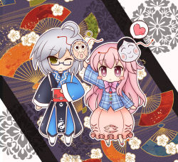 Rule 34 | 1boy, 1girl, ahoge, black eyes, blush stickers, bow, bubble skirt, hand fan, folding fan, glasses, hata no kokoro, heart, ko torii, long hair, long sleeves, mask, morichika rinnosuke, one eye closed, open mouth, outstretched arms, pink eyes, pink hair, plaid, plaid shirt, pouch, shirt, silver hair, skirt, touhou, very long hair, wide sleeves, wink, yellow eyes