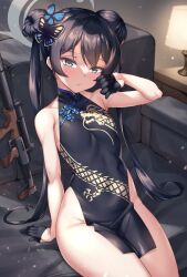 Rule 34 | 1girl, arm support, bare shoulders, black dress, black gloves, black hair, blue archive, blue eyes, breasts, china dress, chinese clothes, commentary request, couch, cs/ls06, double bun, dress, gloves, groin, gun, hair bun, halo, highres, indoors, kisaki (blue archive), lamp, long hair, looking at viewer, off shoulder, open clothes, pinstripe pattern, shirokuma a, short dress, sitting, sleeveless, sleeveless dress, small breasts, solo, striped, submachine gun, thighs, twintails, very long hair, weapon