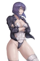 Rule 34 | 1girl, arms under breasts, belt, black jacket, black leotard, bob cut, breasts, cleavage, contrapposto, cowboy shot, crossed arms, ghost in the shell, gluteal fold, highleg, highleg leotard, highres, inverted bob, jacket, kurone rinka, kusanagi motoko, large breasts, leather, leather jacket, leotard, lips, medium hair, open clothes, open jacket, purple hair, red eyes, simple background, solo, standing, thighhighs, thighs, two-tone leotard, white background, white leotard, white thighhighs